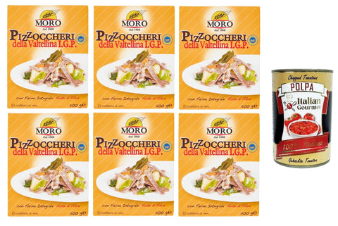 Moro dal 1868 Pizzoccheri della Valtellina I.G.P. with Whole Grain Flour, Fibre Source 6 x 500 g + Italian Gourmet Polpa 400 g