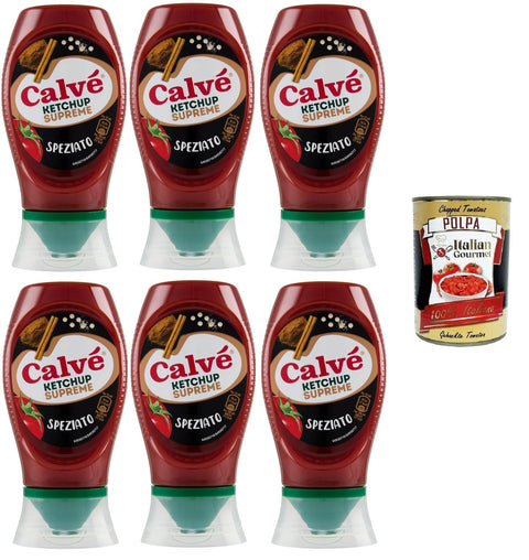 Calvé Ketchup Supreme Spicy 6 x 276 g - Intense Taste with Fine Spices | Perfect with Chips, Meat & Sandwiches | No Artificial Colours & Preservatives + Italian Gourmet Polpa