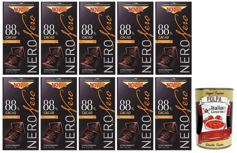 10 x Novi Nero Cioccolato Fondente Vigoroso, Extra Dark Chocolate, 88% Cocoa, 75 g + Italian Gourmet Polpa di Pomodoro 400 g Tin