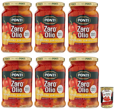 6 x Ponti Peperoni Grigliati Zero Olio, No Oil, Grilled Peppers, Grease-Free, Glass 290 g + Italian Gourmet Polpa di Pomodoro 400 g Tin