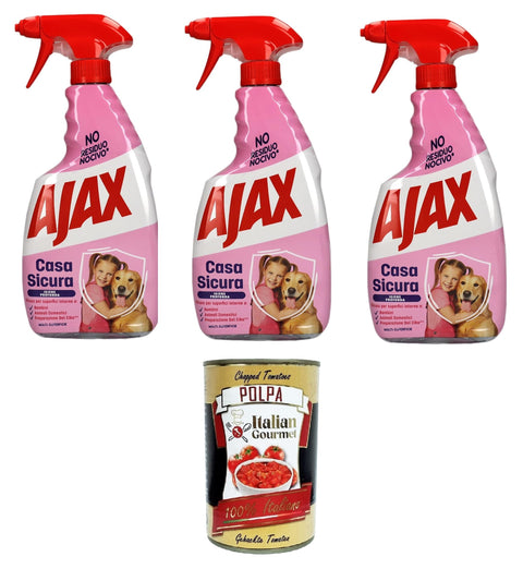 Ajax Casa Sicura Pets Detergente Spray Multi-Superficie No Residue Pets, Residue-Free Spray Cleaner for Multiple Surfaces, 3 x 600 ml + Italian Gourmet Polpa di Pomodoro 400 g