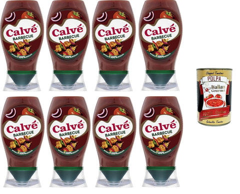 Calvé Barbecue Sauce, BBQ Sauce with Strong Wood and Smoke Flavour, Ideal for All Meat Dishes, 8 x 250 ml + Italian Gourmet Polpa 400 g