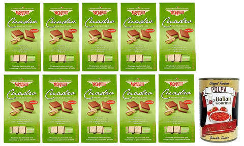 10 x Novi Cuadro Pistacchio, Two Layers Gianduja Chocolate with Pistachio Cream, Pistachio Chocolate Chocolates, 150 g Bag + Italian Gourmet Polpa di Pomodoro 400 g Tin