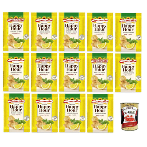 Panealba Happy Hour Crostini Con Basilico e Lime 50 g, Crostini with Basil and Lemon 14 x 50 g + Italian Gourmet Polpa 400 g