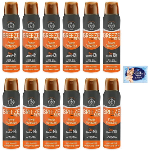 12x Breeze Deodorant Spray Man Power Protection, Zero Stains on Skin, 0% Aluminium Salts 150 ml + 1 Free Bag of Talc Felce Azzurra 100 g