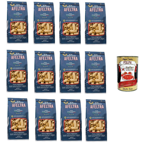 Afeltra Rigatoni 100% Grano Italiano 500 g, Gragnano IGP pasta made of durum wheat semolina of the highest quality, 12 x 500 g + Italian Gourmet Polpa di Pomodoro 400 g tin