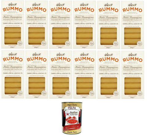 Rummo Cannelloni All'uovo Egg Cannelloni N°176 Slow Processing Method, Exceptional Cooking Resistance 12 x 250 g + Italian Gourmet Polpa 400 g