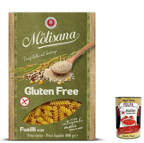 10 x La Molisana, Fusilli n. 28 Senza Glutine, Gluten-Free Pasta with Full Rice, Corn and Quinoa, Gluten Free, 400 g + Italian Gourmet Polpa 400 g