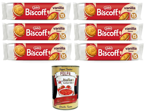 Lotus Biscoff Biscotto Sandwich with Ripieno al Gusto Vaniglia Sandwich Biscuit with Vanilla Filling | 15 Biscuits per Pack 6 x 150 g + Italian Gourmet Polpa 400 g