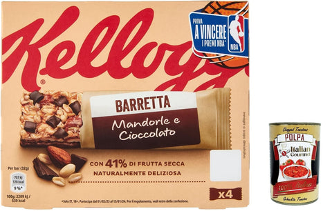 3 x Barretta Kellogg's Mandorle e Cioccolato, Cereal Bar with Almonds and Chocolate, 128 g + Italian Gourmet Polpa 400 g