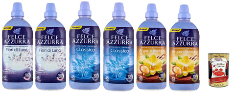 Felce Azzurra Ammorbidente Test Pack, Classico, Ambra Ed Argan, Fiori Di Luna, Fabric Softener Concentrate Fragrant, 45 Washes, 6 x 900 ml + Italian Gourmet Polpa 400 g