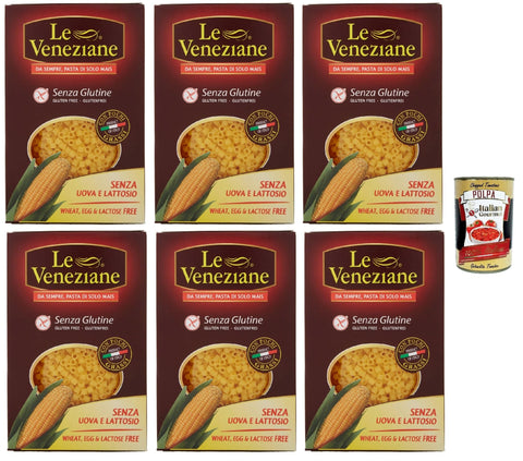 Le Veneziane Pasta di Mais Ditalini, Senza Glutine, 100% Italian Corn Noodles, Gluten Free, 6 x 250 g + Italian Gourmet Polpa 400 g