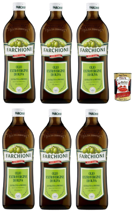 Farchioni Extra Virgine di oliva Classico, Extra Virgin Olive Oil 6 x 1 Lt, olio vergine oliva 1 lt + Italian Gourmet polpa 400 g