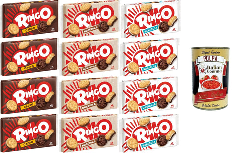 Pavesi Test Pack Biscuits Ringo Cocoa, Hazelnut, Vanilla Single Dose Packs of 6 Family Size 12 x 330 g + Italian Gourmet Polpa di Pomodoro 400 g