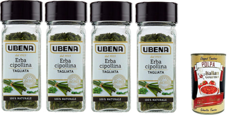 Ubena Erba Cipollina Tagliata, chopped chives, ideal for seasoning sauces, salads, fish and soups. Format 4 x 6 g glass + Italian gourmet polpa 400 g