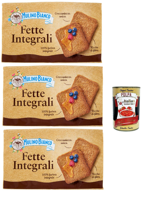 Mulino Bianco Fette Biscottate Le Integrali 3 x 630 g Whole Grain Rusk Biscuits, Breakfast Biscuits, Rusks Baked Bread + Italian Gourmet Polpa 400 g