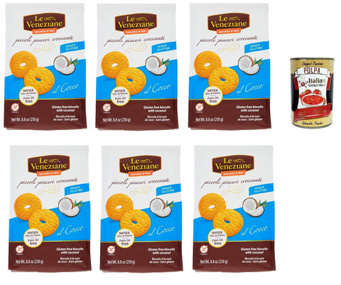 Le Veneziane piccoli piaceri croccanti senza glutine, biscotti al cocco. coconut biscuits. cake gluten free, gluten-free 6 x 250 g + Italian gourmet polpa 400 g