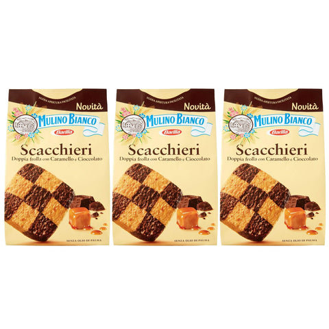 MULINO BIANCO Scacchieri - Italian Chocolate and Caramel Biscuits 300 g x 3 Packets (Scacchieri, x3)
