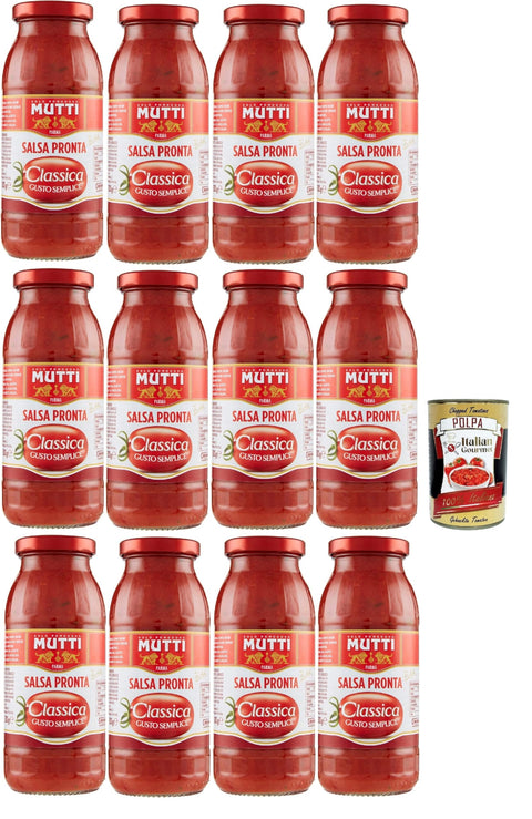 Mutti Salsa Pronta Pomodoro Classica, Tomato Sauce 100% Italian Sauce for Pasta, Pizza Focaccia 12 x 300 g + Italian Gourmet Polpa 400 g