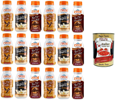 Zymil Test Pack Highly Digestible, Lactose-Free, Benefit Vanilla, Milk and Coffee, Milk and Chocolate Flavour, 18 x 250 ml + Italian Gourmet Polpa di Pomodoro 400 g