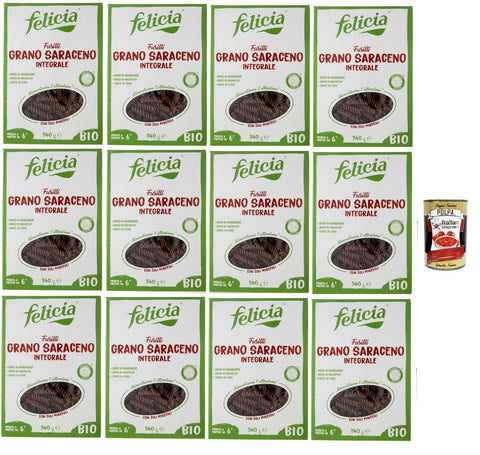 Felicia Fusilli di Grano Saraceno Integrale, Pasta with 100% Buckwheat, Naturally Gluten Free, Pack of 12 x 340 g + Italian Gourmet Polpa di Pomodoro 400 g Tin