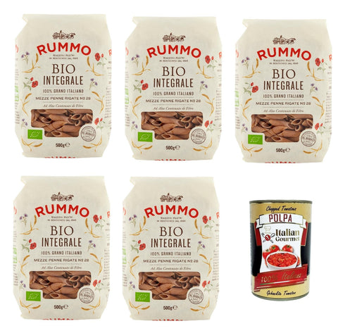 Rummo Pasta Integrale Mezze Penne Rigate N° 28, Whole Grain Pasta, Italian Pasta, 5 x 500 g + Italian Gourmet Polpa 400 g