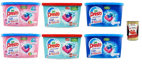 Bio Presto Bio Presto Power Caps Test Pack, Colour, Igiene, Classico Predicate Washing Machine Detergent in Capsules for Coloured Garments, Pack of 6 x 18 Washes + Italian Gourmet Polpa 400 g