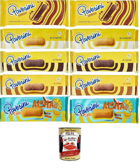 Pavesi Pavesini Test Pack, Snack Croccante Classico, Cioccolato, Coffee, Double, Aloha, Crispy Snack with Dark Chocolate, Light Snack, 10 Pieces + Italian Gourmet Polpa 400 g