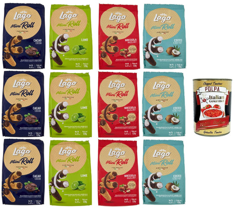 Gastone Lago Kit Mini Roll Mini Waffle Cannoli Filled with Coconut Cream, Lime Cream, Cocoa Cream and Hazelnut Cream, 12 x 125 g + Italian Gourmet Polpa 400 g