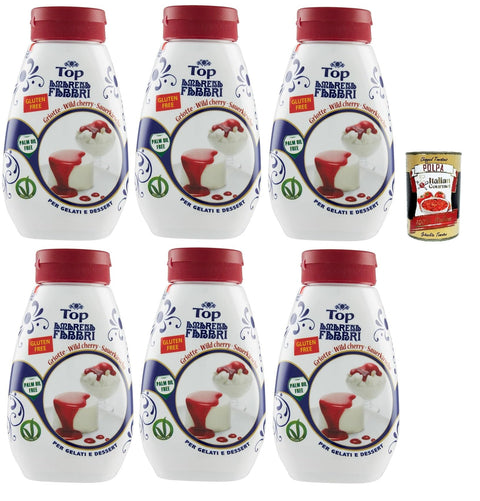 Fabbri top amarena, gourmet sauce topping Amarena black cherry sweet and sour cherry sauce for garnishing and coating ice cream and desserts 6 x 225 g + Italian gourmet polpa 400 g