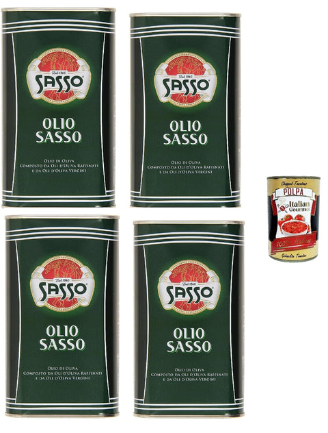 Sasso Olive Oil Extra Virgine, 100% Italian, 4 x 1 Litre, + Italian Gourmet Polpa 400g