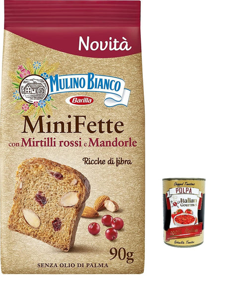 12x Mulino Bianco Mini Fats with Cranberries and Almonds with Whole Grain Flour, Rich in Fibre, Whole Grain Rusks without Palm Oil, 90 g + Italian Gourmet Polpa 400 g