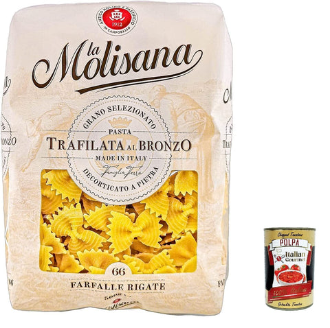 La Molisana Farfalle Rigate N. 66 Pasta Lenta Lavorazione Pasta Made of Durum Wheat Semolina Bronze Drawing 500 g + Italian Gourmet Polpa 400 g Pack of 20