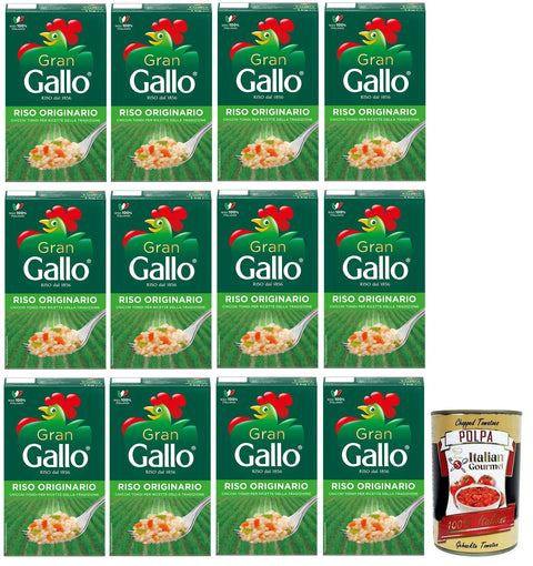 12 x Gran Gallo Riso Originario, 100% Italian Rice, Cooking Time 15 Minutes, Ideal for Preparing Fillings, Pack of 1 kg + Italian Gourmet Polpa di Pomodoro 400 g Tin
