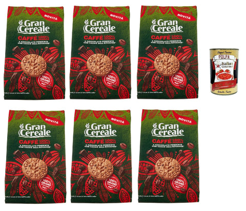 Gran Cereale Biscotti con Caffè 100% Arabica e Cioccolato Fondente con Fave dell'Ecuador, Biscuits with Coffee and Dark Chocolate 6 x 280 g + Italian Gourmet Polpa 400 g