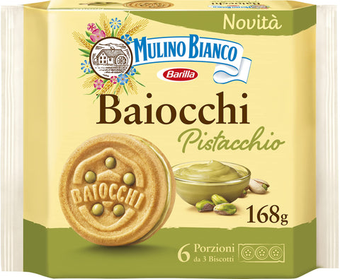 Mulino Bianco Baiocchi Pistachio Biscuits and Shortcrust Pastry Ideal for Breakfast or Snack, Palm Oil Free, 6 Servings of 3 Biscuits, 1, 168.0 g, 168.0 g