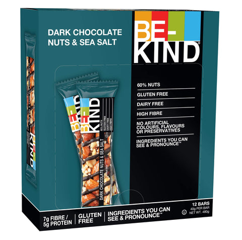 BE-KIND Dark Chocolate Nuts & Sea Salt Gluten Free Snack Bars - High Fibre - No Artificial Colors, Flavours or Preservatives - 12 x 40g