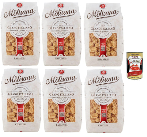 La Molisana Radiatori N°73, Pasta Lenta Lavorazione Pasta Made of Durum Wheat Semolina Bronze Drawing 6 x 500 g + Italian Gourmet Polpa 400 g