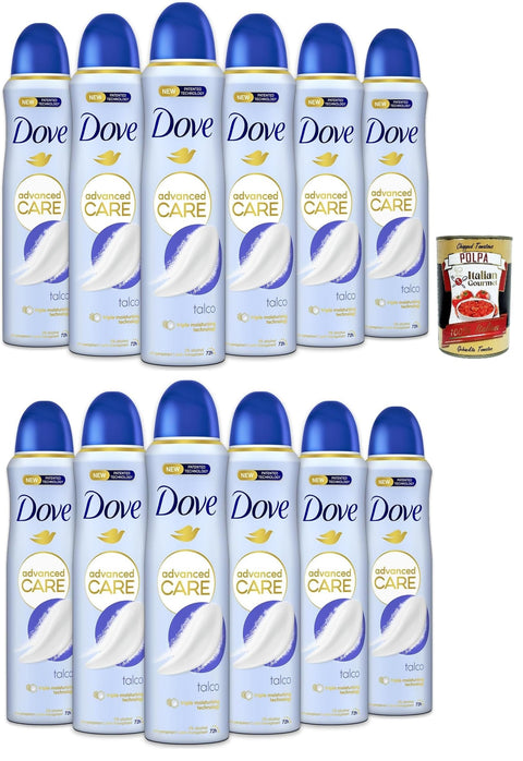 Dove Advanced Care Talco, Deodorant Spray with Moisturising and Sensitive Formula, Alcohol-Free, 72 Hours, 12 x 150 ml + Italian Gourmet Polpa 400 g
