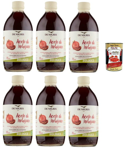 De Nigris Aceto di Melograno con madre naturale, pomegranate vinegar, 100% Italian pomegranate, 6 x 500 ml + Italian Gourmet Polpa di Pomodoro 400 g