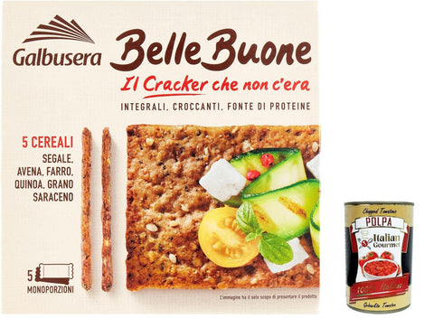 Galbusera Belle Buone Whole Grain Crackers with 5 Cereal Rye, Oats, Written Quinoa and Buckwheat, 200 g + Italian Gourmet Polpa 400 g, Pack of 6