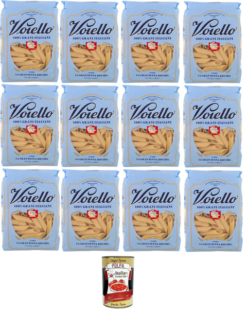 Voiello Gran Penna Ruvida No. 200 - Short, Rough Pasta Made from 100% Italian Grano Aureo, Bronze-Drawn, Robust Consistency - Cooking Time 14 Minutes - 12 x 500 g + Italian Gourmet Polpa