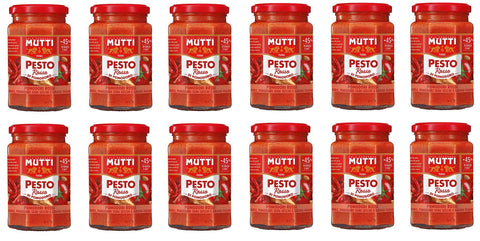12 x Mutti Pesto Rosso Pomodori Rossi Red Tomato Pesto Pasta Sauce 100% Italian Tomato Jar 180 g Seasoning Sauces with Almonds, Tomatoes, Dried Seeds and Grana Padano