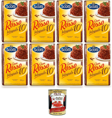 Riso Scotti Gran Rosso Integrale 10 Inch Red Brown Rice 8 x 500 g + Italian Gourmet Polpa 400 g