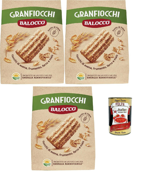 Balocco Granfiocchi Biscotti Integrali Whole Grain Biscuits with Whole Grain Flakes and Brown Sugar Grains 3 x 700 g + Italian Gourmet Polpa 400 g