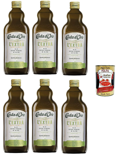 Costa d'oro L'extra, olio extra virgin di oliva, extra virgin olive oil, 6 x 1 litre olio vergine oliva + Italian gourmet polpa 400 g