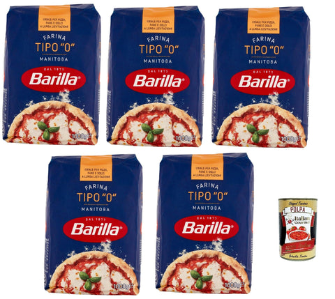 Barilla Farina Tipo "0" Manitoba - Premium Wheat Flour with High Protein/Gluten Power, Ideal for Pizza, Bread & Long Dough Guide - 5 x 1 kg Bags - Made in Italy + Italian Gourmet Polpa 400g
