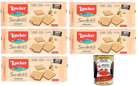 Loacker Hazelnut Sandwich Waffle with 2 Delicious Crispy Waffles Filled with 100% Italian Hazelnut Cream 5 x 75 g + Italian Gourmet Polpa di Pomodoro 400 g
