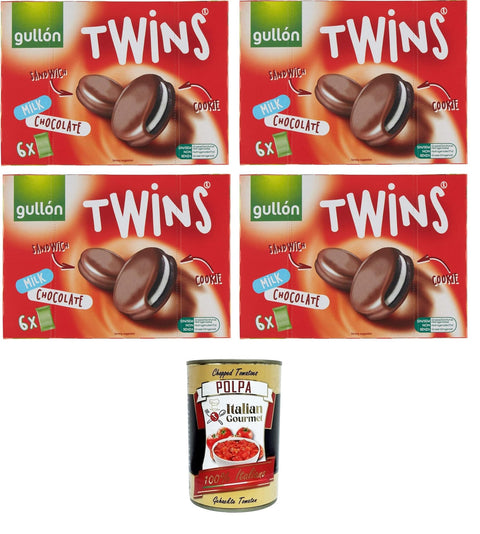 Gullon Biscotti Twins Milk Chocolate Cocoa Cookies Filled with Cream and Coated with Milk Chocolate 4 x 252 g + Italian Gourmet Polpa 400 g