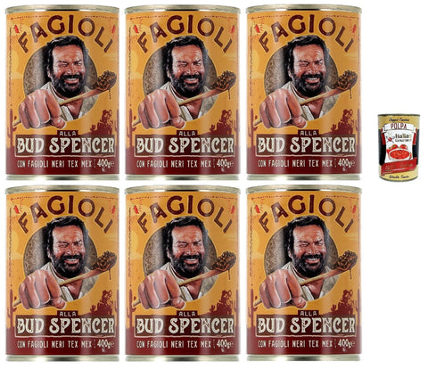 Fagioli alla Bud Spencer – Tex-Mex Black Beans in Sauce 400 g – Ready to Warm, Rich in Fiber, Italian Recipe – Vegetarian/Vegan, 6 x 400 g + Italian Gourmet Polpa 400 g
